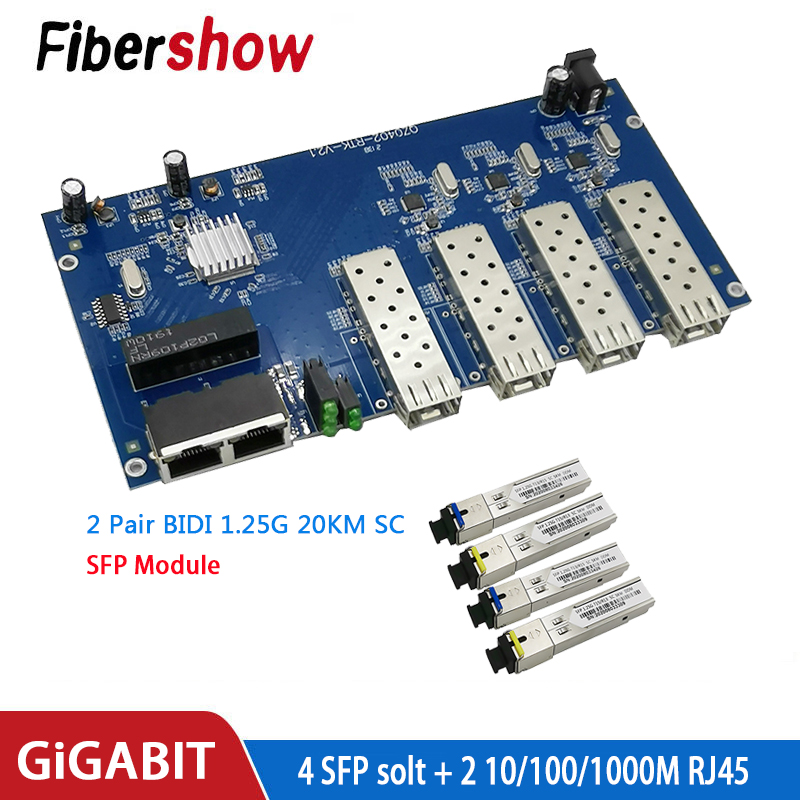Gigabit Ethernet Switch Fiber Optical switch Industrial Grade 4 1.25G sfp Fiber Port  2 RJ45  10/100/1000M PCB board