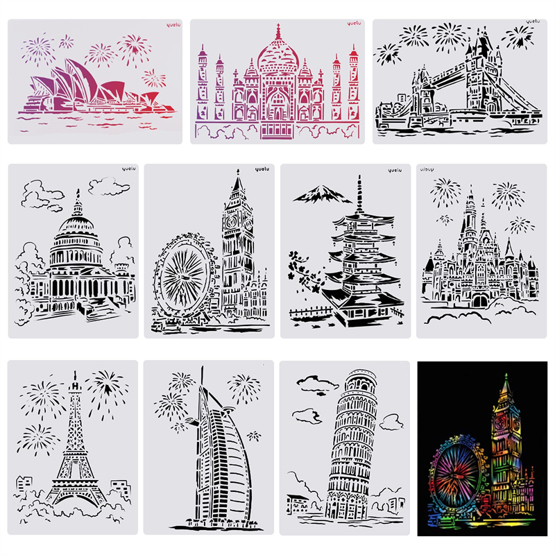 10PCS City Buildings Craft Stencils Template Large Plastic Reusable Cityscape Drawing Stencils with Scrapbook Paper for Kid Gift