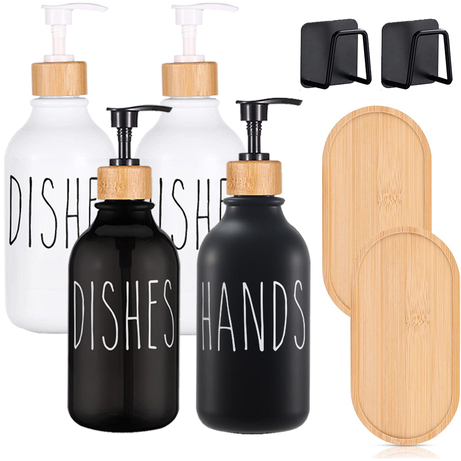 500ml Dish Soap Bottle with Bamboo Pump Kitchen Refillable Liquid Soap Dispenser Hand Soap Lotion Container for Farmhouse Decor