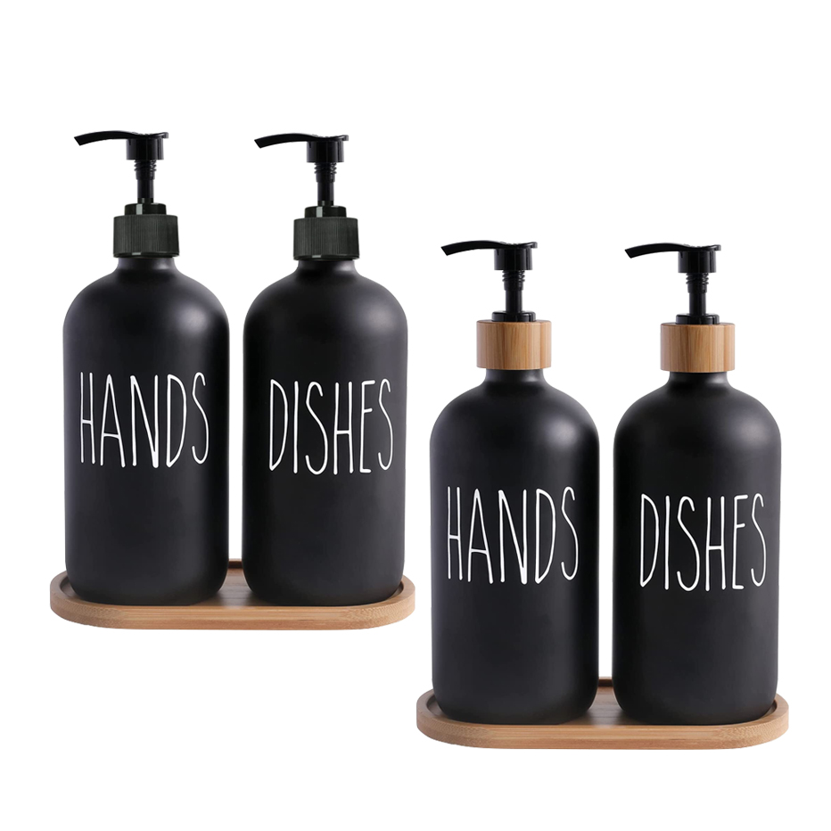 Soap Dispenser Bottle Matte Black Kitchen Refillable Hands Dishes Press Bottle Bamboo Wood Pump Bathroom Storage Bottle 500ML