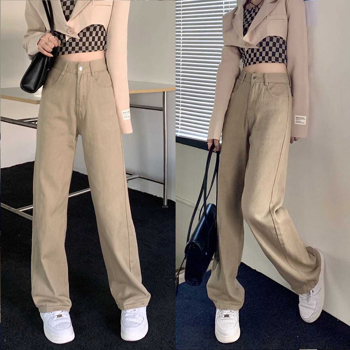 Jeans Khaki Pants Female Japanese Solid Color High Waist Straight Loose Jeans  Casual Cotton Loose Women's Jeans