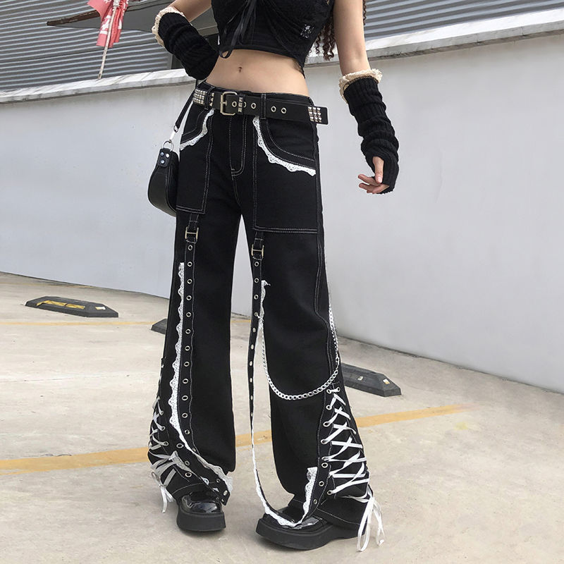 MINGLIUSILI Lace Splice Baggy Jeans Women Spring  Gothic Flares Pants High Street  Streetwear Black Denim Trousers