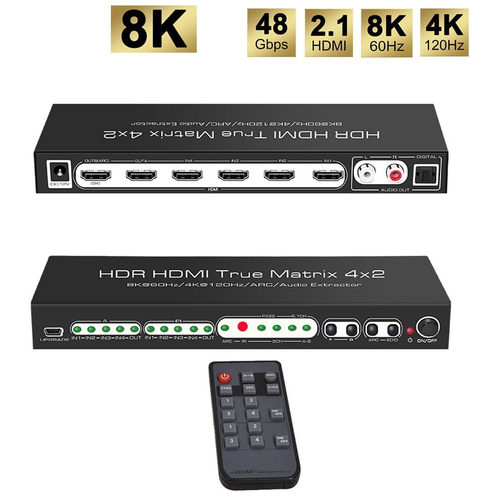 8K60Hz 4X2 HDMI-Compatible Matrix KVM Switch 4 in 2 Out HDMI Splitter Video Switcher HD-MI Switcher for Computer STB DVD PS5