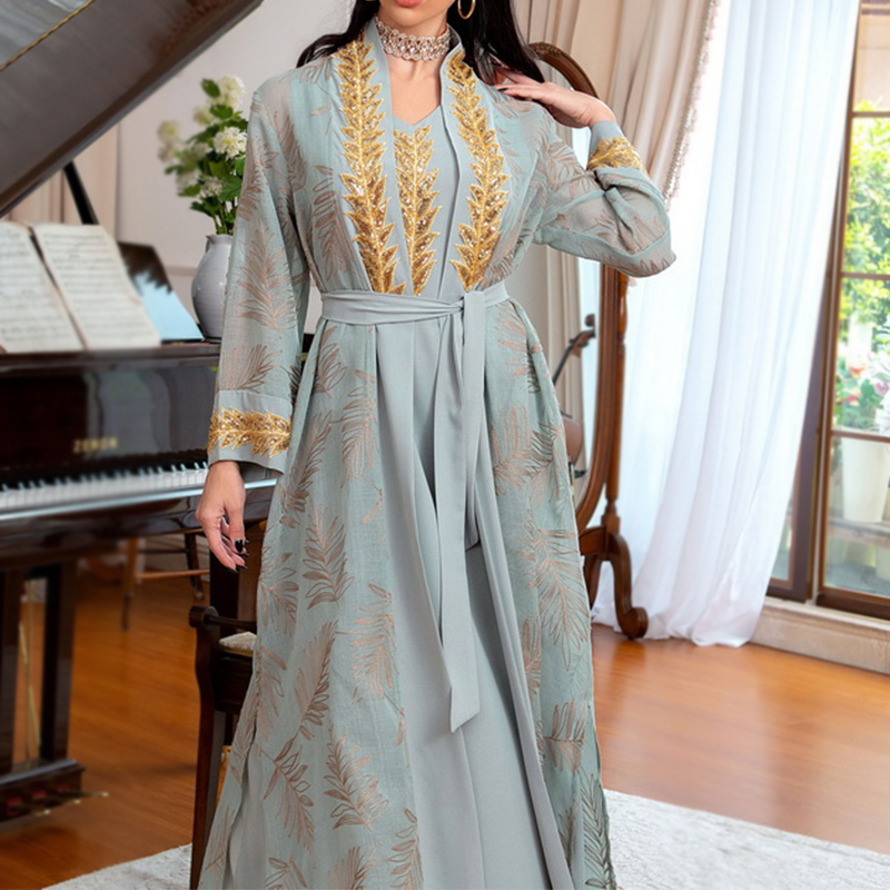 3Pcs Elegant Jalabiya Sequins Arabic Dress Embroidered Women Arabian Evening Party Wear Moroccan Kaftan Muslim Ramadan Cozy Robe