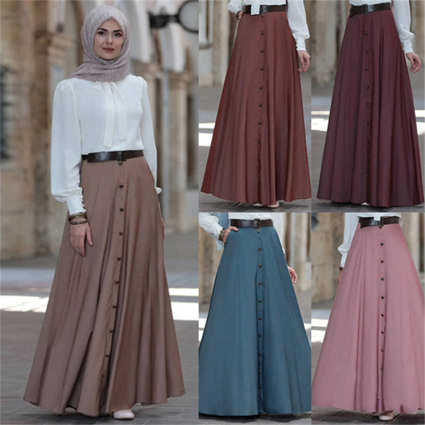  Muslim Elegant Skirt Islamic Dubai A-Line Pleated Turkish Solid Half Dress Hight Waist Big Swing Buttons Party Wear