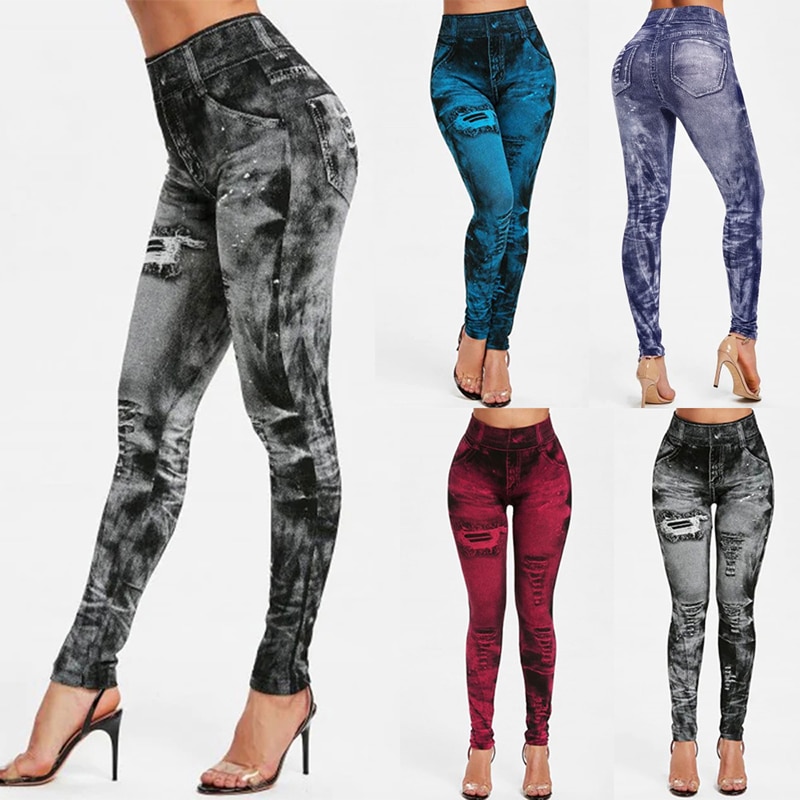 Sexy astic Imitation  Jeans Leggings High Waist Pants Fitness Slim Legg Mujer  Sport Push Up Leggings For Women 