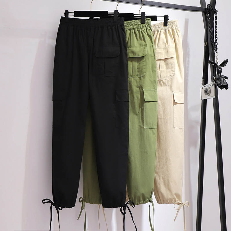150Kg Plus Size Women's Spring Summer Drawstring Cotton Cargo Pants Loose Casual Cropped Trousers 5XL 6XL 7XL 8XL 9XL 3 Colors