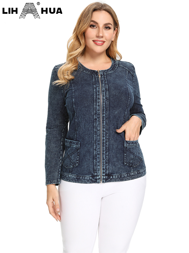 LIH HUA Women's Plus Size Denim Jacket Fall Casual  Zipper Jacket High Stretch Cotton Knitted Denim