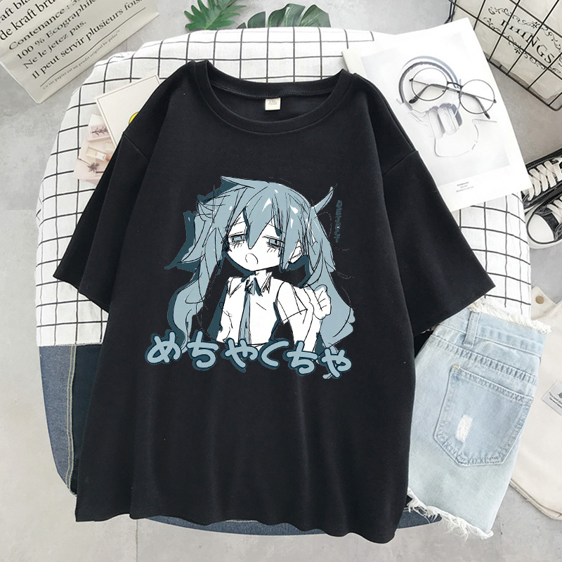 Manga Character Anime Print Harajuku  Top Women T-shirt Casual ladies basic O-collar Black White Short Sleeved Tshirt Girl
