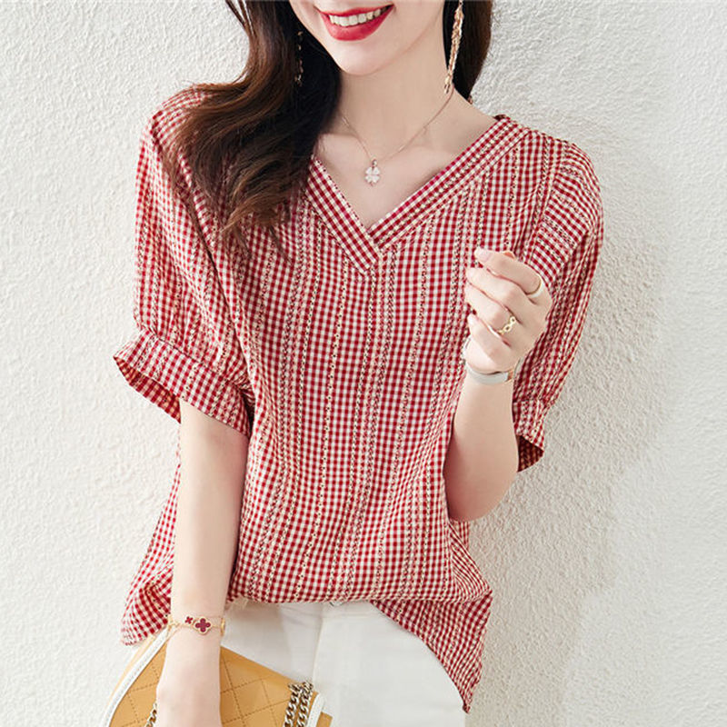 Vintage Printed Plaid V-Neck Oversized Puff Sleeve Shirt  Summer Casual Pullovers Commute Women's Clothing Loose Blouse