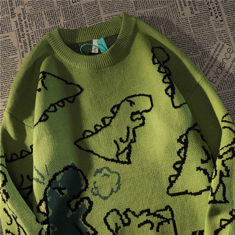 Retro Japanese Full Print Dinosaur Green Sweater Women's Autumn And Winter Loose Cute Pullover Sweater Female Tops  Coat