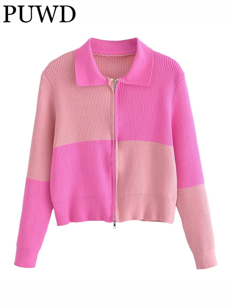 PUWD Women Pink Lapel Color Contrast Cardigan  Autumn Winter  Girls Casual Female Long Sleeve Zipper Sweater