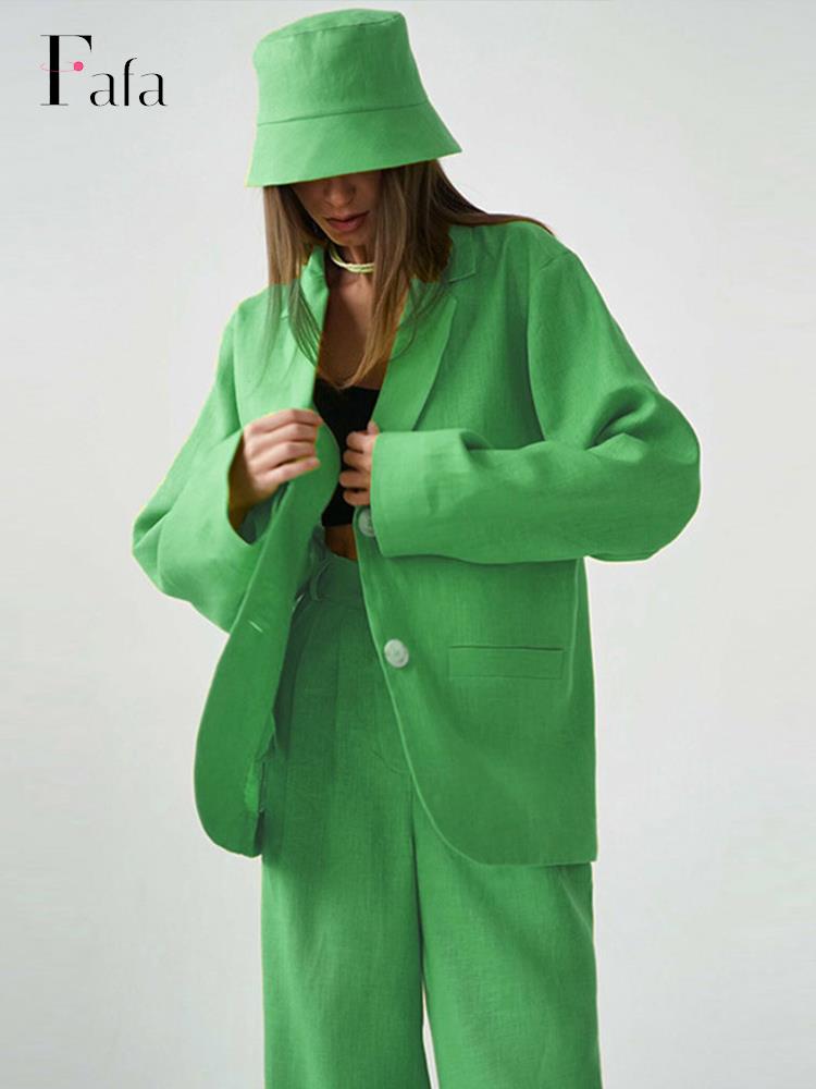  Autumn Green Blazer Pants 2 Pieces Sets Women Casual Long Sleeve Jacket Suits Loose High Waist Wide Leg Trousers Outfits