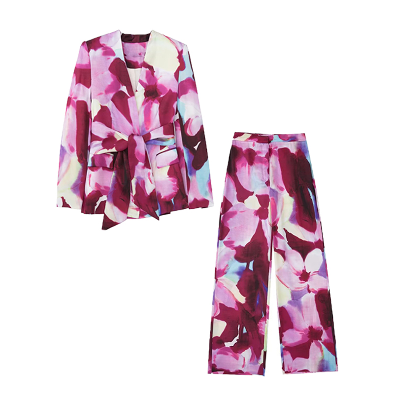 Blazer 2 Piece Set  Autumn  Print Slim Fit V-Neck Suit Jacket Suits Elegant Chic Office Formal Women Suits Casual