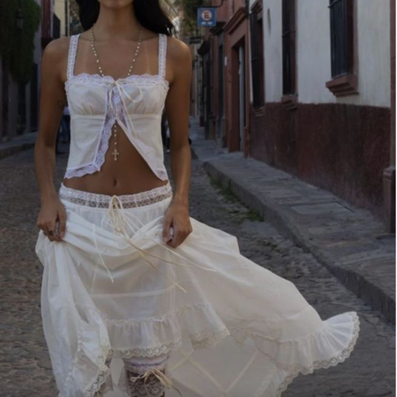 Y2K Fairycore Retro Two Piece Set Women Button Up Lace Trim Milkmaid Tank Crop Top + White Loose Ruffles Skirts Vintage Outfits