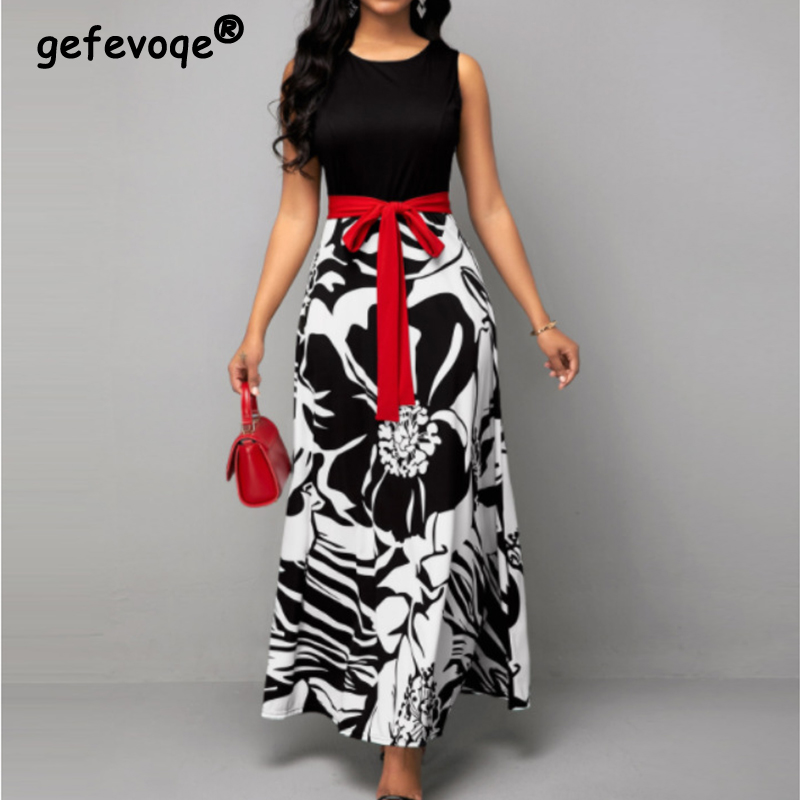 Summer Women's Sleeveless Printed High Waist Patchwork Lace Up Casual Long A-line Dress Elegant  Holiday Robe Dresses