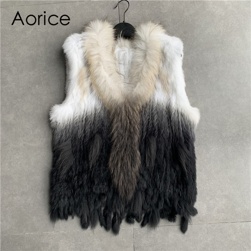 VR001 Free Shipping Womens Natural Real Rabbit Fur Vest With Raccoon Fur Collar Waistcoat/jackets Rex Rabbit Knitted Winter