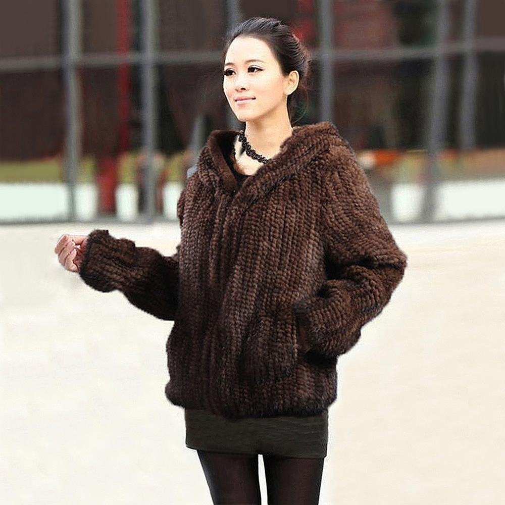 Women's Mink Fur Coat Long-Sleeve Hooded Casual Jacket  All-match Zipper Knitting Outerwear Jacket Custom Plus Size