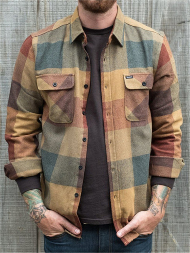  Fall Men's Shirt Jacket Casual Loose Flap Pocket Cardigan Shirt Jacket Single Breasted Plaid Shirt Jacket Coat Top