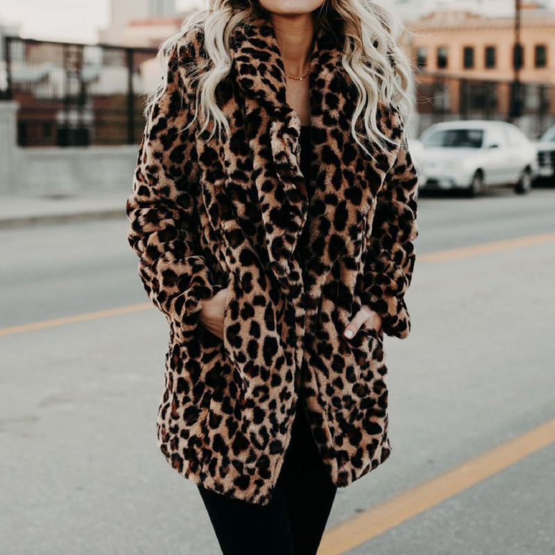  Faux Fur Coat Women Winter  Leopard Print Outerwear Warm Long Sleeve Artificial Fur Jacket Plush Clothing