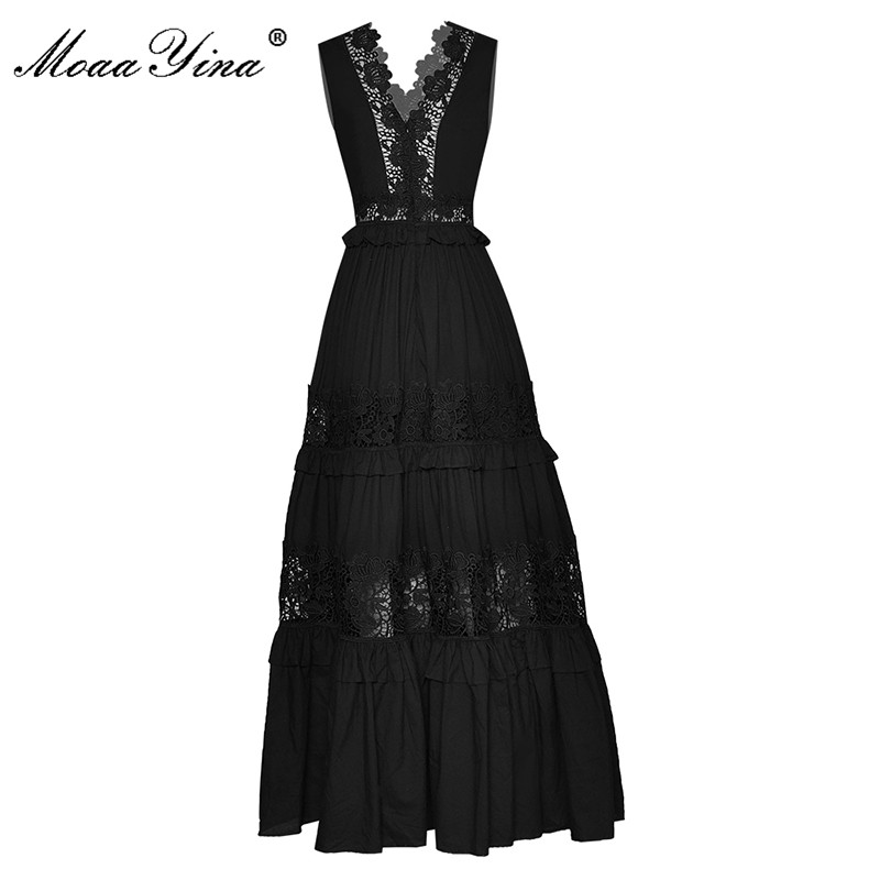 MoaaYina   Runway Summer Black Party Dresses Women's Holiday V-neck Sleeveless High waist Hollow out Lace Long Dress
