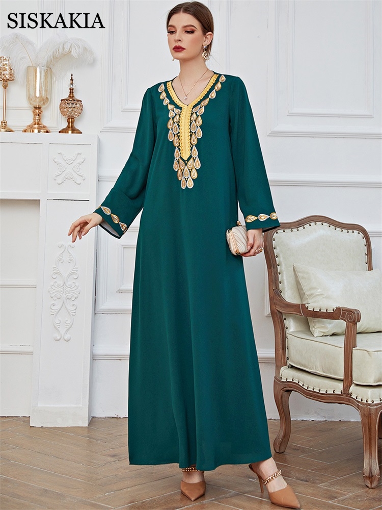 Women Dress Female Casual Spring Summer Embroidery Long Green Dress Loose Waist Dot Print National Style Retro Clothing