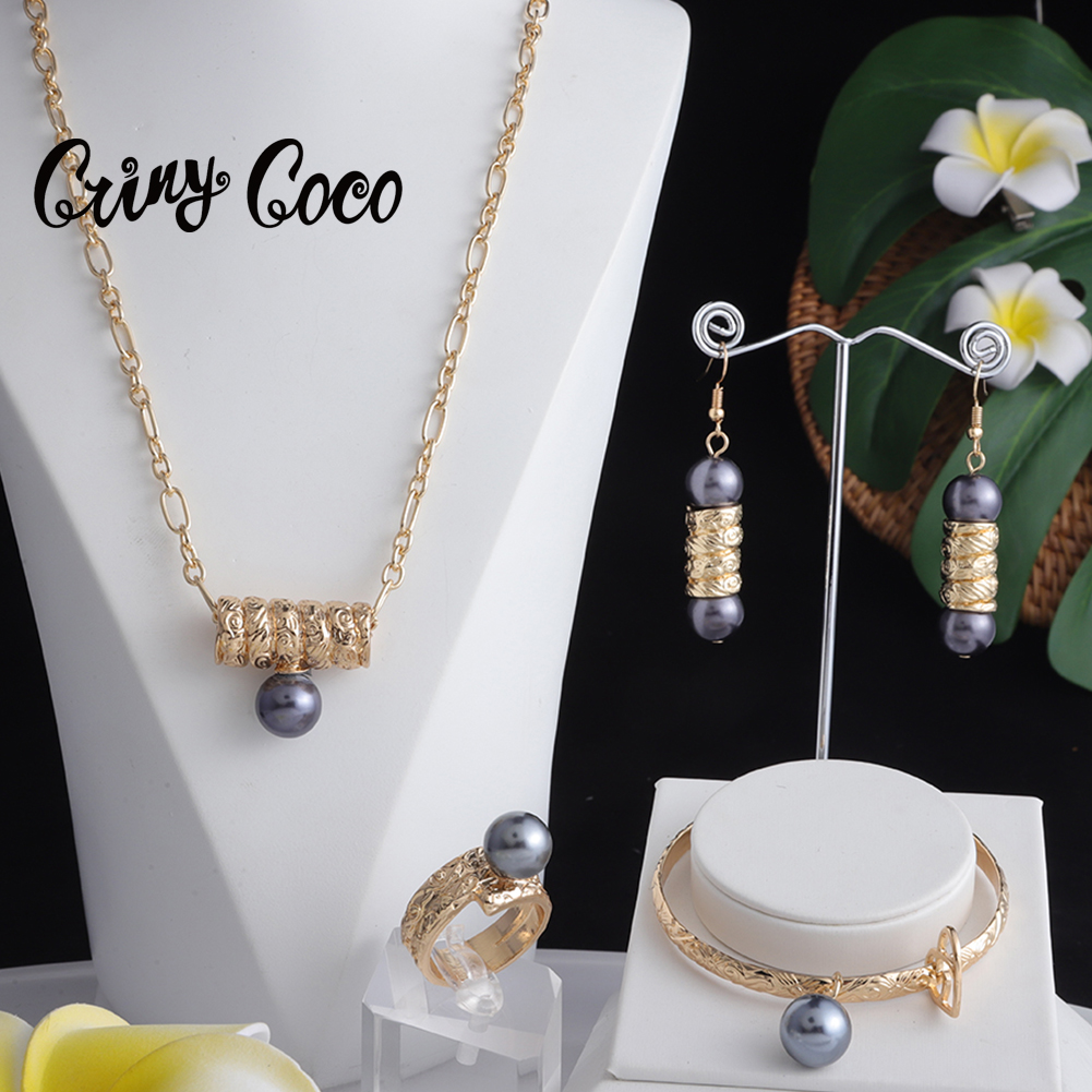 Cring Coco Hawaiian 4 PCS Jewelry Sets Gold Plated Colorful Pearl Bangles Bracelet Earing Sets Women Drop Earrings for Mother