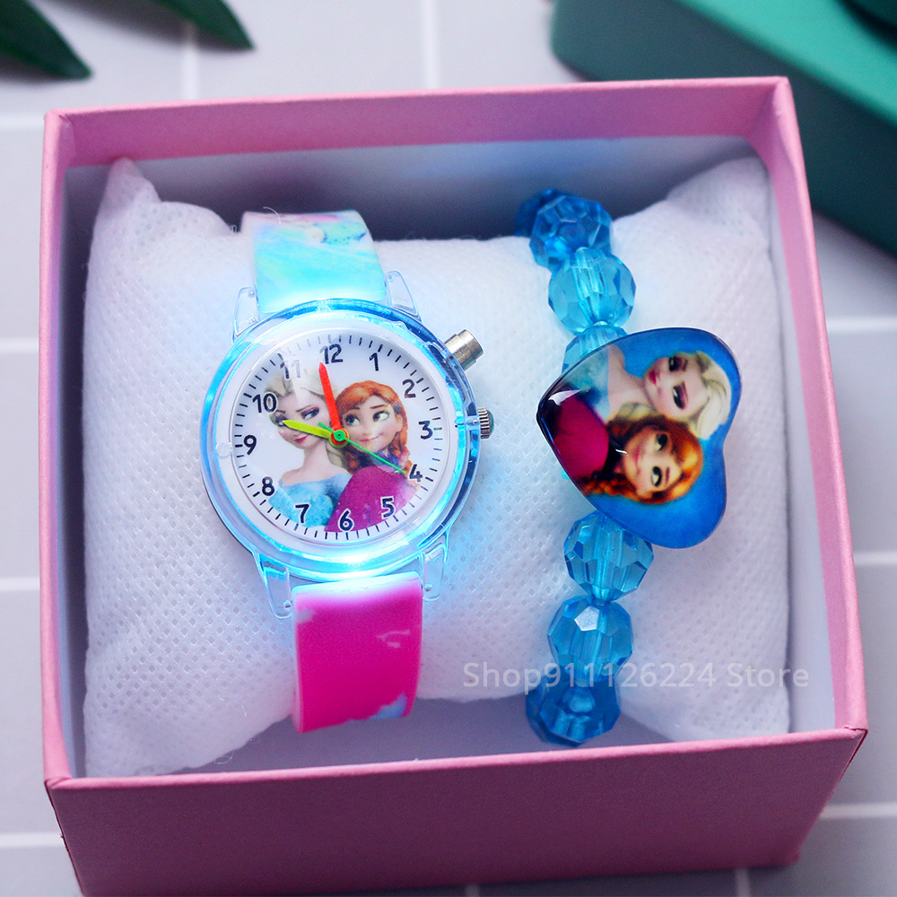  Cartoon Flash Light Girls Watches Kids with Bracelet Silicone Strap Princess Elsa Children Watches Clock reloj infantil