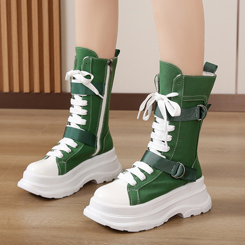 Lucyever Green Chunky Mid Calf Canvas Boots Women Autumn Side Zipper Thick Bottom Motorcycle Boots Woman Lace Up Platform Shoes