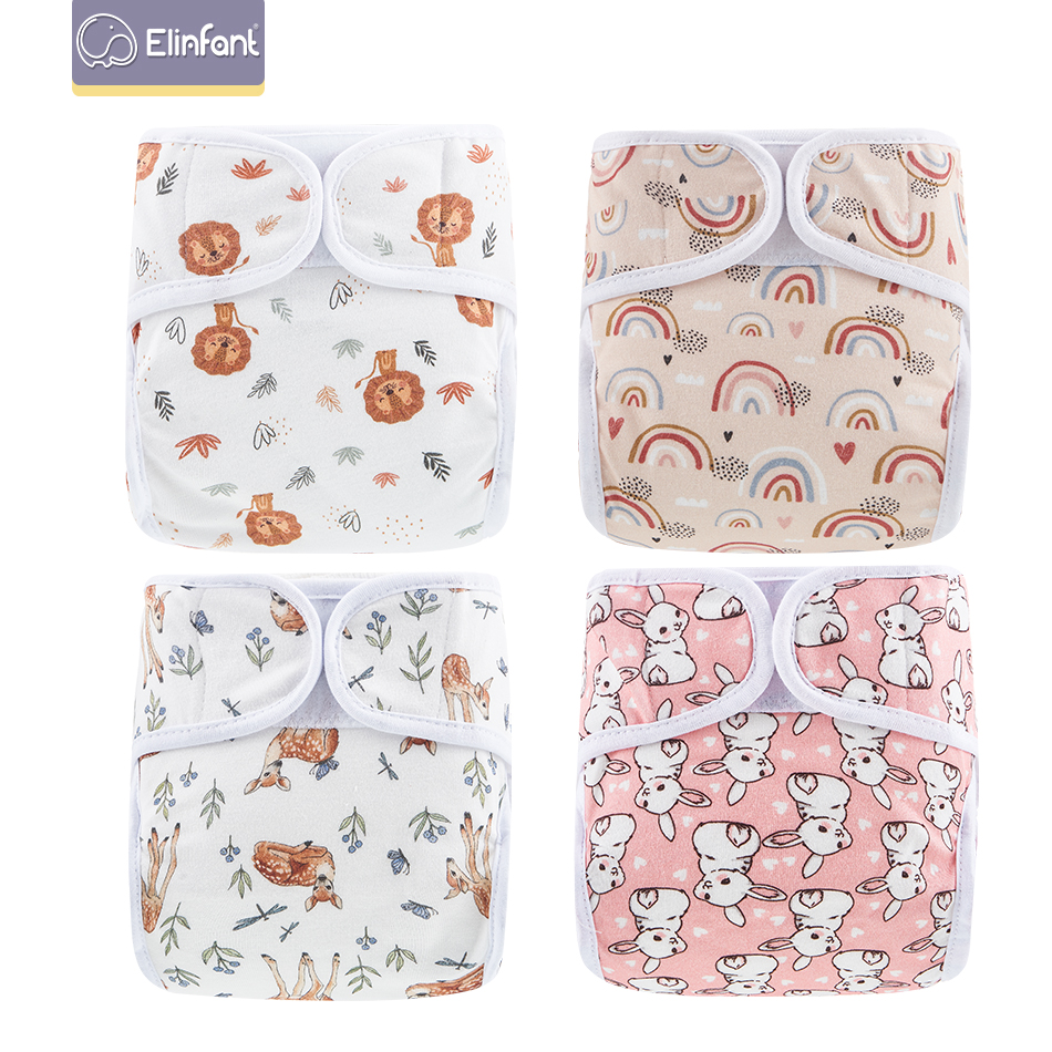 Elinfant 4PCS magic tape waterproof cotton cloth diaper  print for 5-30 pounds washable reusable baby cloth diaper