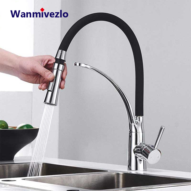 Chrome Rubber Kitchen Faucet Mixer Tap Rotation Pull Down Stream Sprayer Taps Cold Water Tap with Single Handle Kitchen Tap