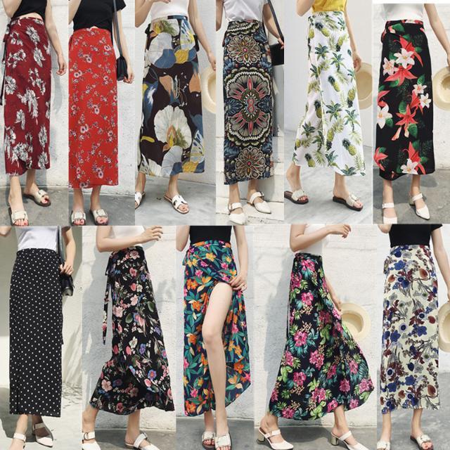 Women Floral Print Chiffon Long Skirt Summer Stylish Midiskirt One-Piece Lace-up Wrap Skirt Holiday Suntan Beach Skirts Sexy