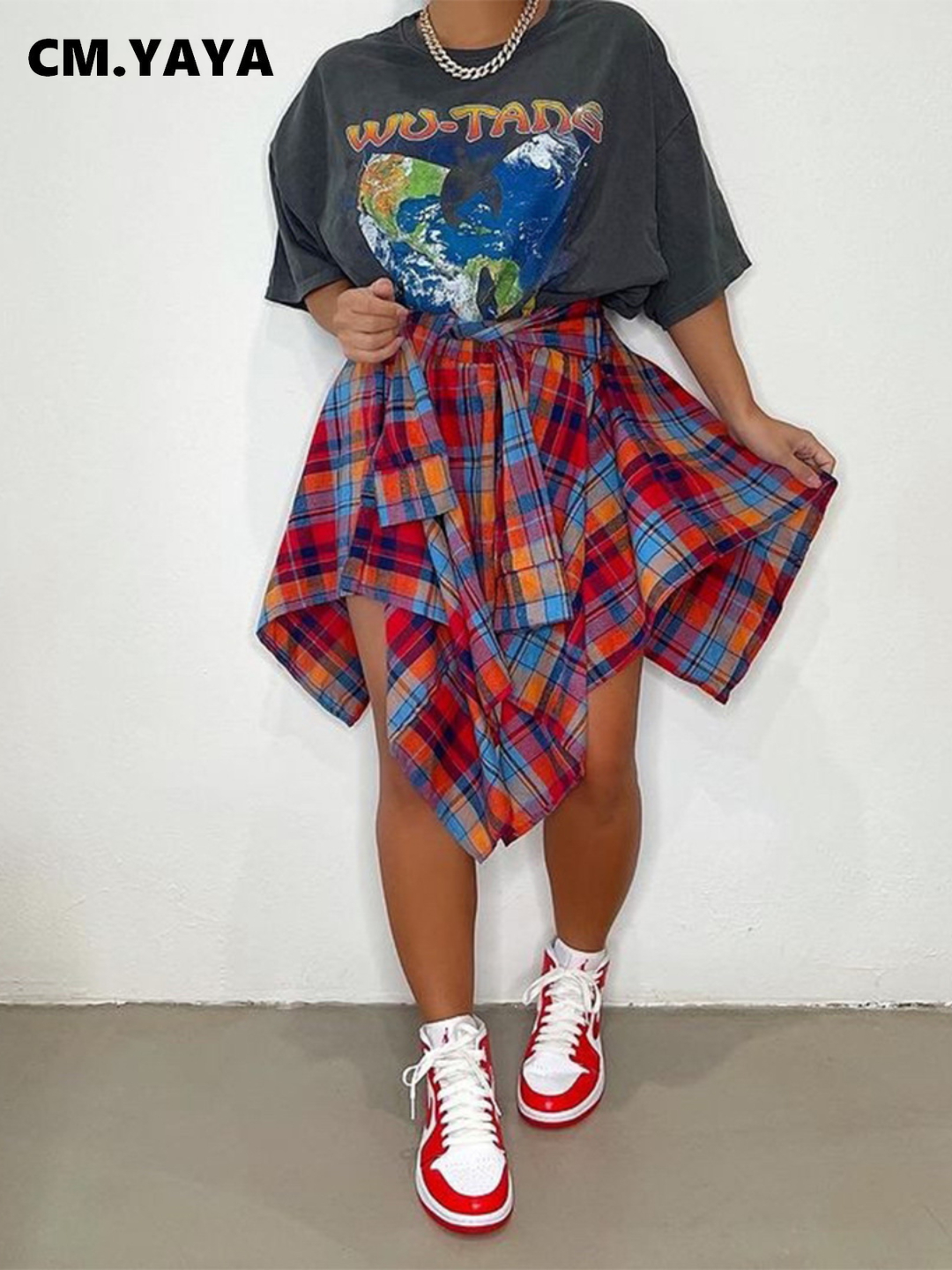 CM.YAYA Women Plaid Irregular High Waist Knee Length Skirts  Summer Holiday Streetwear Sleeve Wrapped Lace Up Waist Skirt