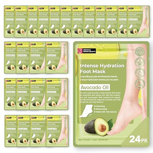 Original Derma Beauty Foot Mask 24 Pairs Intense Hydration Avocado Oil Moisturizing Foot Mask Set Body Exfoliator Callus Remover Foot Masks Foot Bath Pedicure Supplies for Beauty & Personal Care