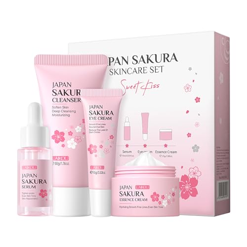 Skin Care Set JAPAN SAKURA Beauty Gift Sets Skin Care Kit with Cleanser, Serum, Eye Cream, Face Cream Travel Kit for Women Mom Wife Teen Girls Gentle Skin Cleaning TSA-friendly Sizes 4pcs