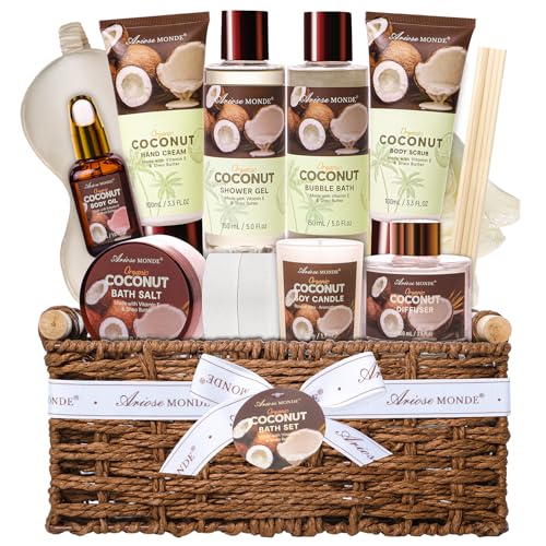 Spa Gift Baskets for Women, Coconut Bath Gift Set for Women Include Bubble Bath, Shower Steamers, Bath Salt. Bath and Body Spa Kit, Mom Birthday Gifts from Daughter, Birthday Gift Basket for Women