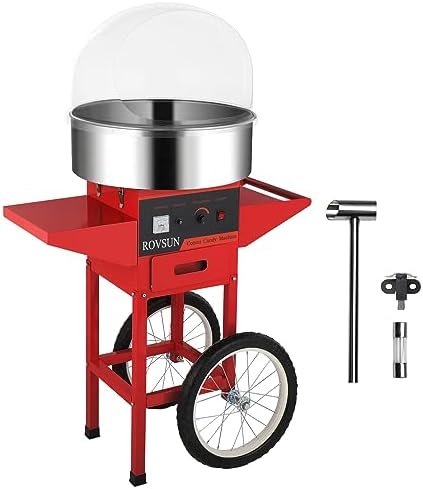 ROVSUN 21 Inch Cotton Candy Machine Cart, Electric Cotton Candy Maker Candy Floss Machine w/Cover, Stainless Steel Bowl, Sugar Scoop and Large Storage Drawer for Commercial Home Party Carnival, Red