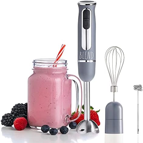 Rae Dunn Immersion Hand Blender- Handheld Immersion Blender with Egg Whisk and Milk Frother Attachments, 2 Speed Blender, 500 Watts, Stainless Steel Blade (Grey)