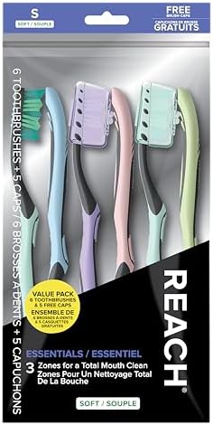 Reach Essentials Toothbrush with Toothbrush Caps, Multi-Zoned Angled Soft Bristles, Contoured Handle, Tongue Scraper, 6 Count