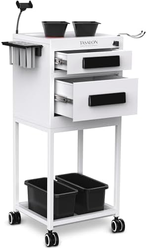 TASALON New Upgrade Salon Metal Trolley Cart for Salon Station - Space Saving Salon Rolling Cart with 2 Magnetic Bowls– Beauty Cart, Tattoo Cart, Hair Cart for Hair Stylist Multipurpose Cart (White)