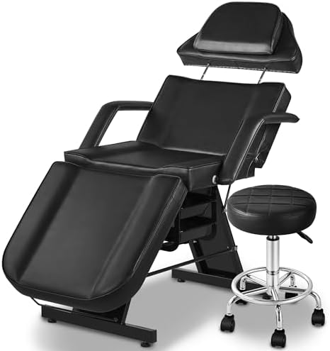 Tattoo Chair for Client with Stool, Tattoo Bed Table with Storage Baskets, Facial Chairs for Esthetician Bed, Adjustable Beauty Salon Spa Equipment