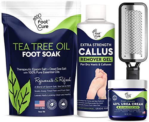 Foot Cure Foot Care/ Exfoliator & Callus Remover Pedicure Set – Includes Foot File for Dead Skin, Tea Tree Oil Foot Soak Salts, Urea Cream 40 Percent & Foot Callus Removal Gel – Made in USA