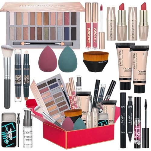 All in One Makeup Kit for Women Full Kit Includes Palette Foundation & Face Primer, Makeup Brush Makeup Sponge, Eyebrow Soap, Winged Eyeliner Stamp 20 Colors Eyeshadow Gift Set for Women, Girls & Teen