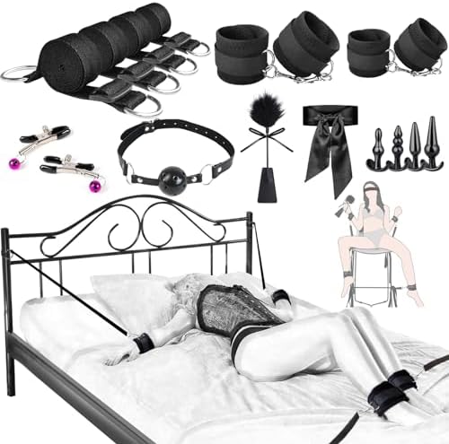 Couples Sex Toys Set, 17 PCS-Adult Toys-with Restraint Straps & Bondage Cuffs & Anal Plug & Nipple Clamps & Feather & Sex Whip & Sex Blindfold, DIY Bondage Restraints SM Games for Couples