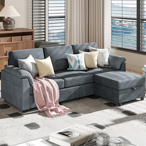 Meilocar Sectional Sofa Couch for Living Room, 79" Sectional Couch with Storage Ottoman, L Shaped Couch with Armrests Side Storage Pockage, 3-Seat Linen Sofa Couches for Living Room, Apartment, Grey