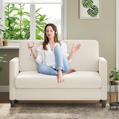 Loveseat Sofa, 51" Small Sofa Couch for Bedroom, Comfy Teddy Love Seat, Tool-Free Setup Sofas for Living Room, All-Wood Small Couches for Small Spaces, Small Couch No Pillow Include, Beige