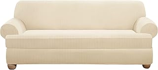 SureFit Stretch Pinstripe T-Cushion Sofa Two Piece Slipcover, Form Fit, Polyester/Spandex, Machine Washable, Cream Color