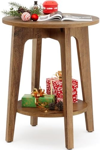 VASAGLE Side Table, Small Round End Table with Lower Shelf, Nightstand for Small Spaces, Living Room, Bedroom, Rustic Walnut ULET283T41