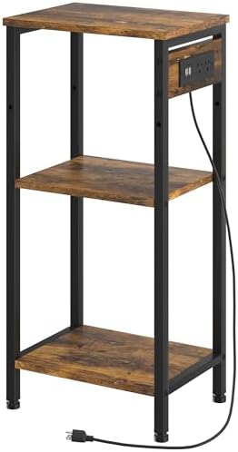 Tall End Table with Charging Station, 3 Tier Narrow Tall Nightstand with Storage, Slim Side Table with USB Ports and Outlets for Bedroom, Living Room, Office, Rustic Brown and Black
