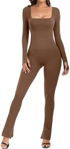 SeSe Code Long Sleeve Jumpsuits for Women Wide Leg Full Length Bodysuit Square Neck Romper Playsuit
